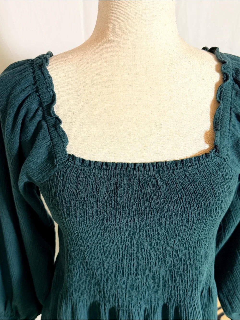 Madewell‎ Teal Smocked Square-Neck Peplum Blouse prairie, boho, whimsical